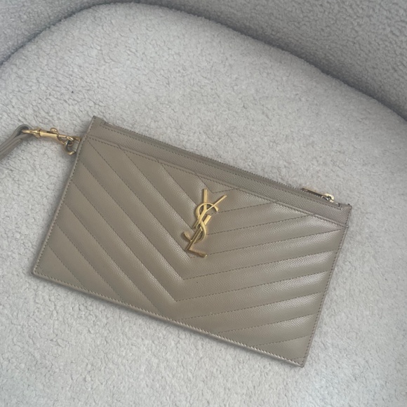 SAINT LAURENT Monogramme quilted textured-leather pouch - Dark Beige - Picture 1 of 7